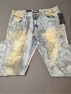 Imperious Light Blue Map-Print Slim Straight Jeans